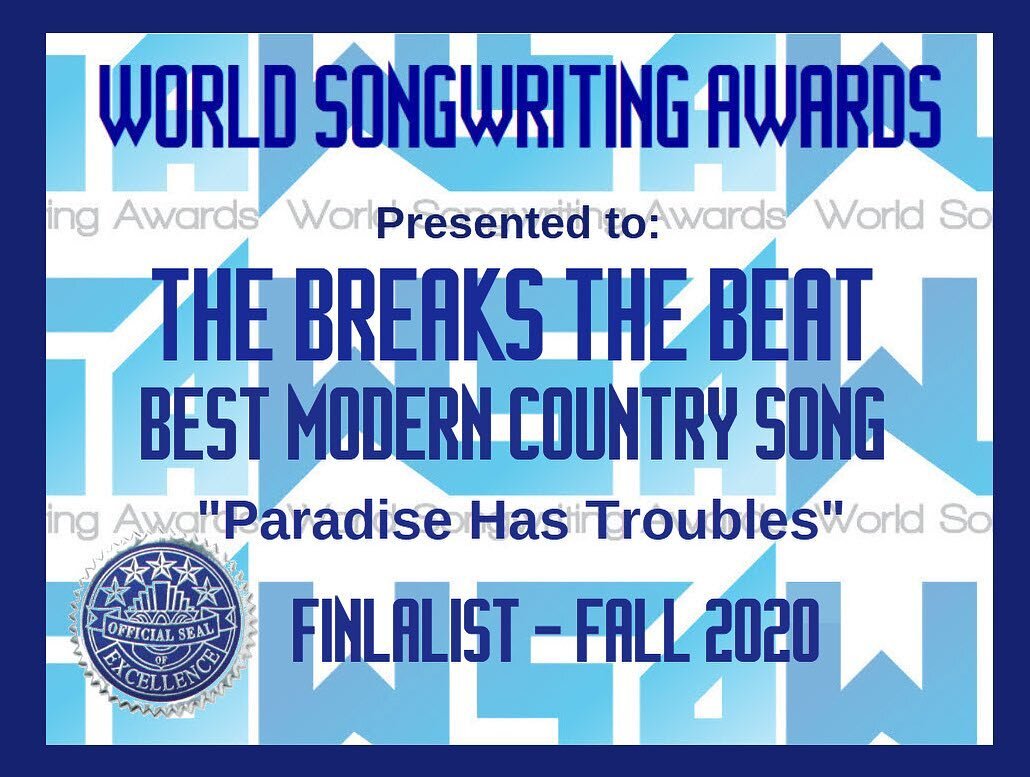 Proud to be selected as a Finalist in the World Songwriting Awards this year for our new tune &lsquo;Paradise Has Troubles&rsquo;! Check it out if you haven&rsquo;t already! #supportmusic #thebreaksthebeat