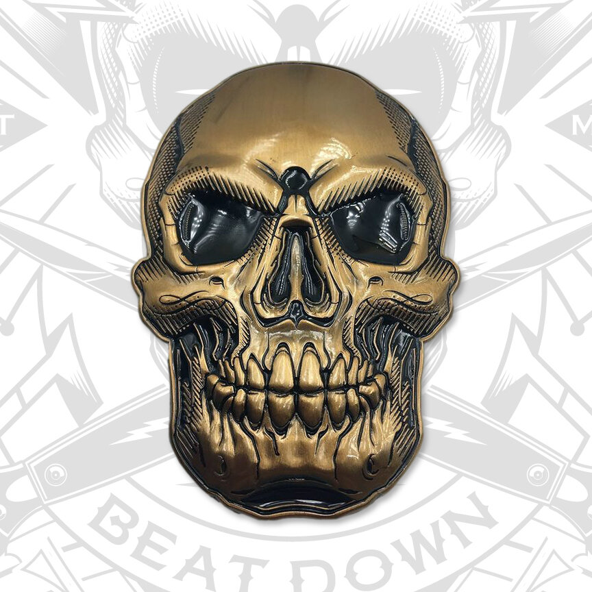 PAY UP OR BEAT DOWN 3D SKULL MEDALLION