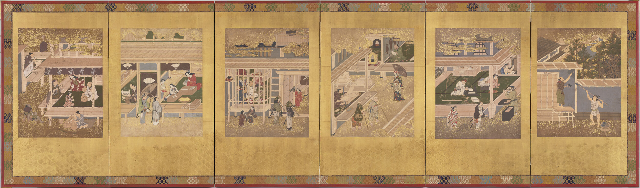  Japan, unknown artist (Japanese), Craftsmen at Work, ca. 1640, six-panel screen, each panel with low relief gold diamond pattern; six paintings in ink and colors on paper, image: 24 5/8 in x 18 3/16 in, Gift of Mary and Cheney Cowles. Portland Art M