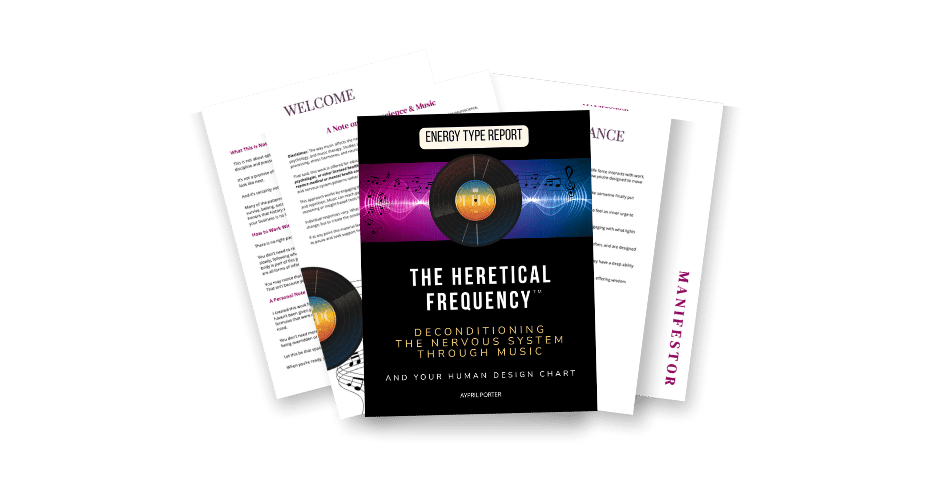 Fanned mockup of Aypril Porter's Human Design report library, including The Heretical Frequency energy type report and other self-led reports