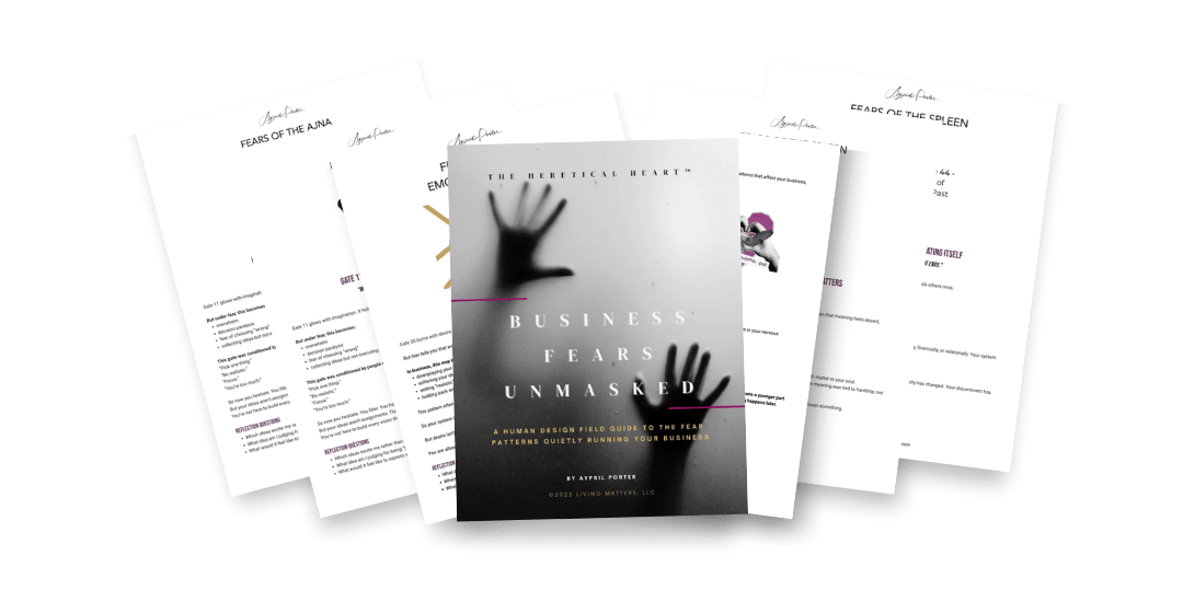 Fanned mockup of Aypril Porter's "Business Fears Unmasked" report and related pages from the Heretical Heart library