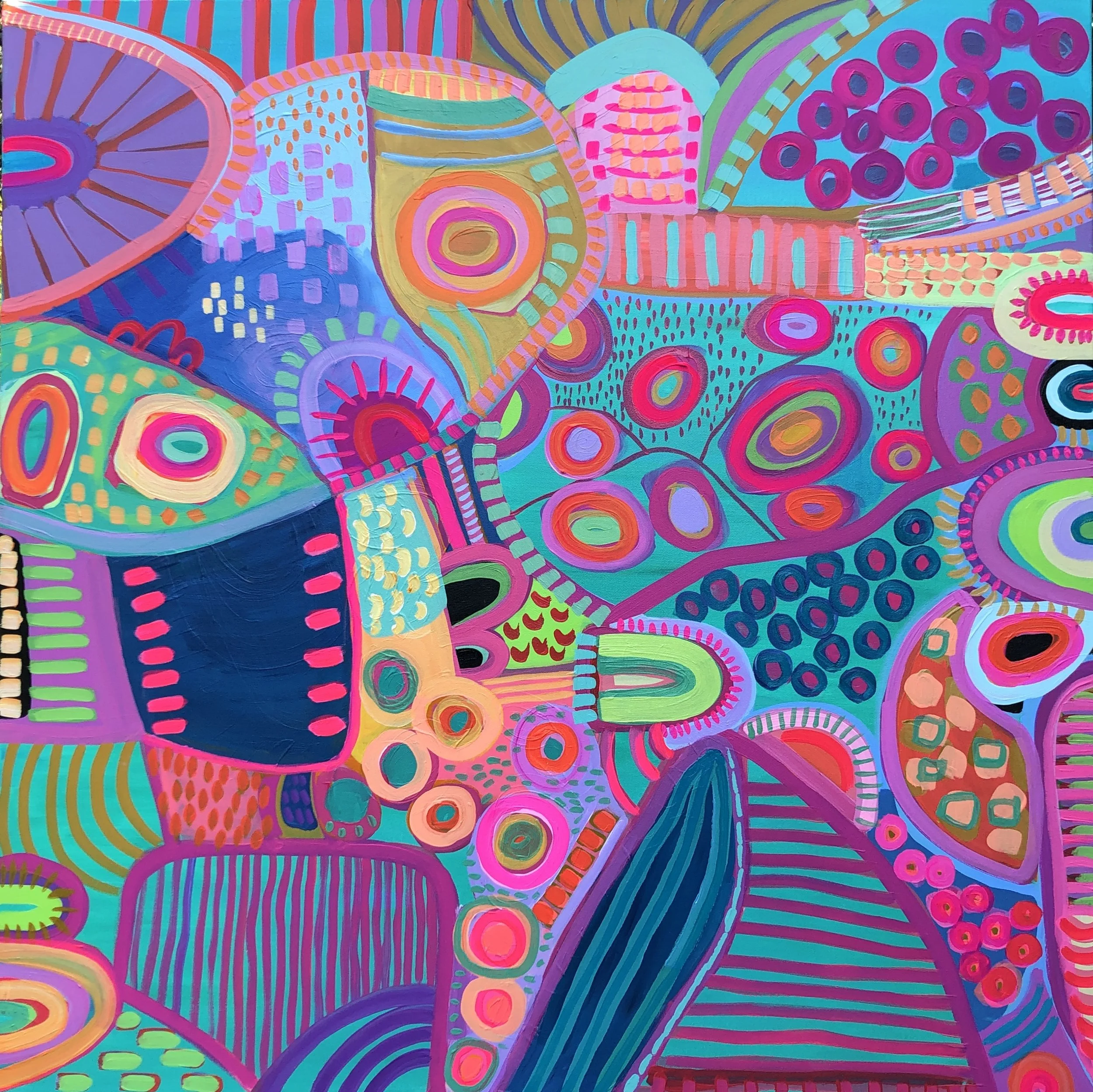 Colorful abstract painting with various circular, striped, and dotted patterns in pink, purple, blue, green, and orange hues.