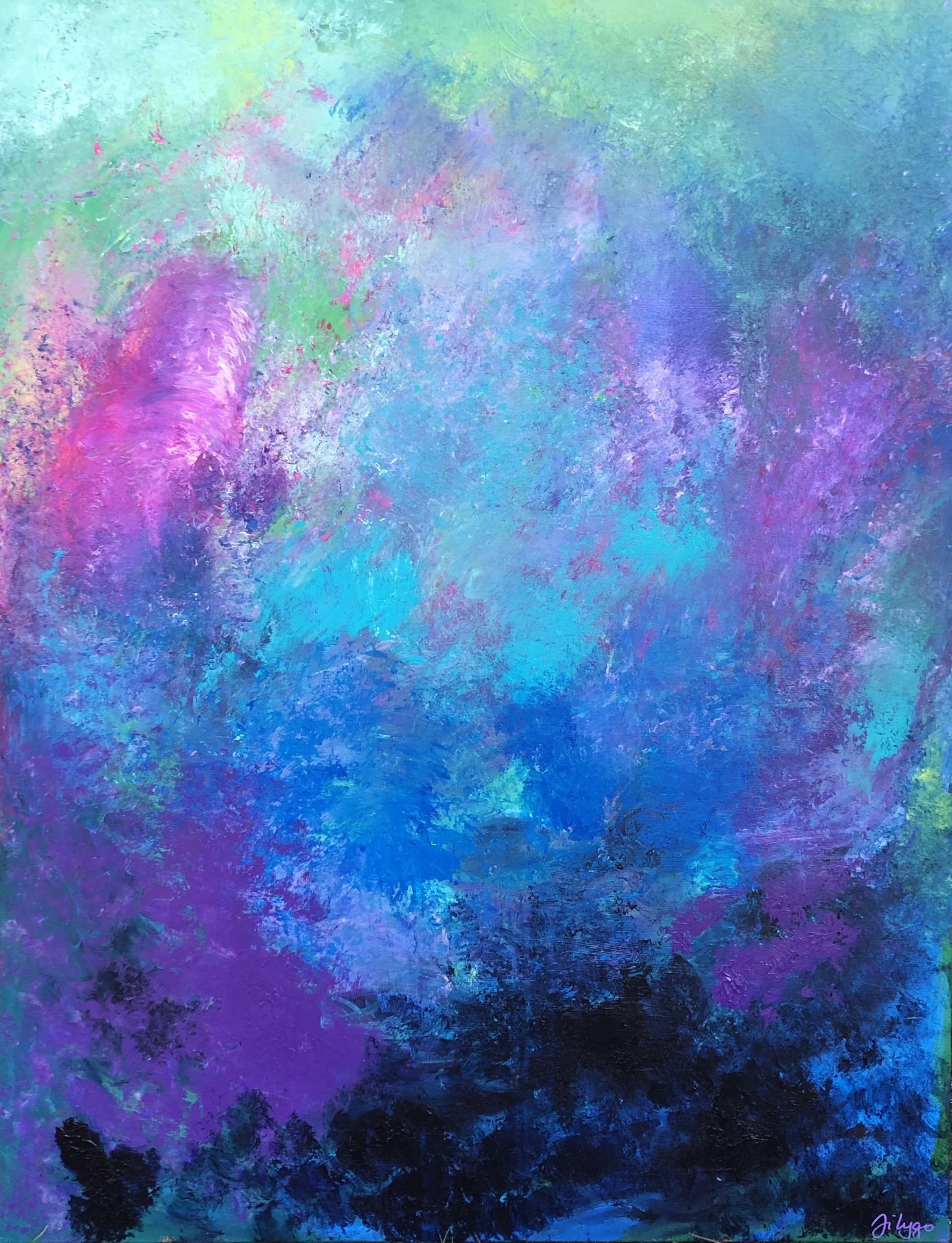 Abstract colorful painting with shades of purple, blue, green, and pink.