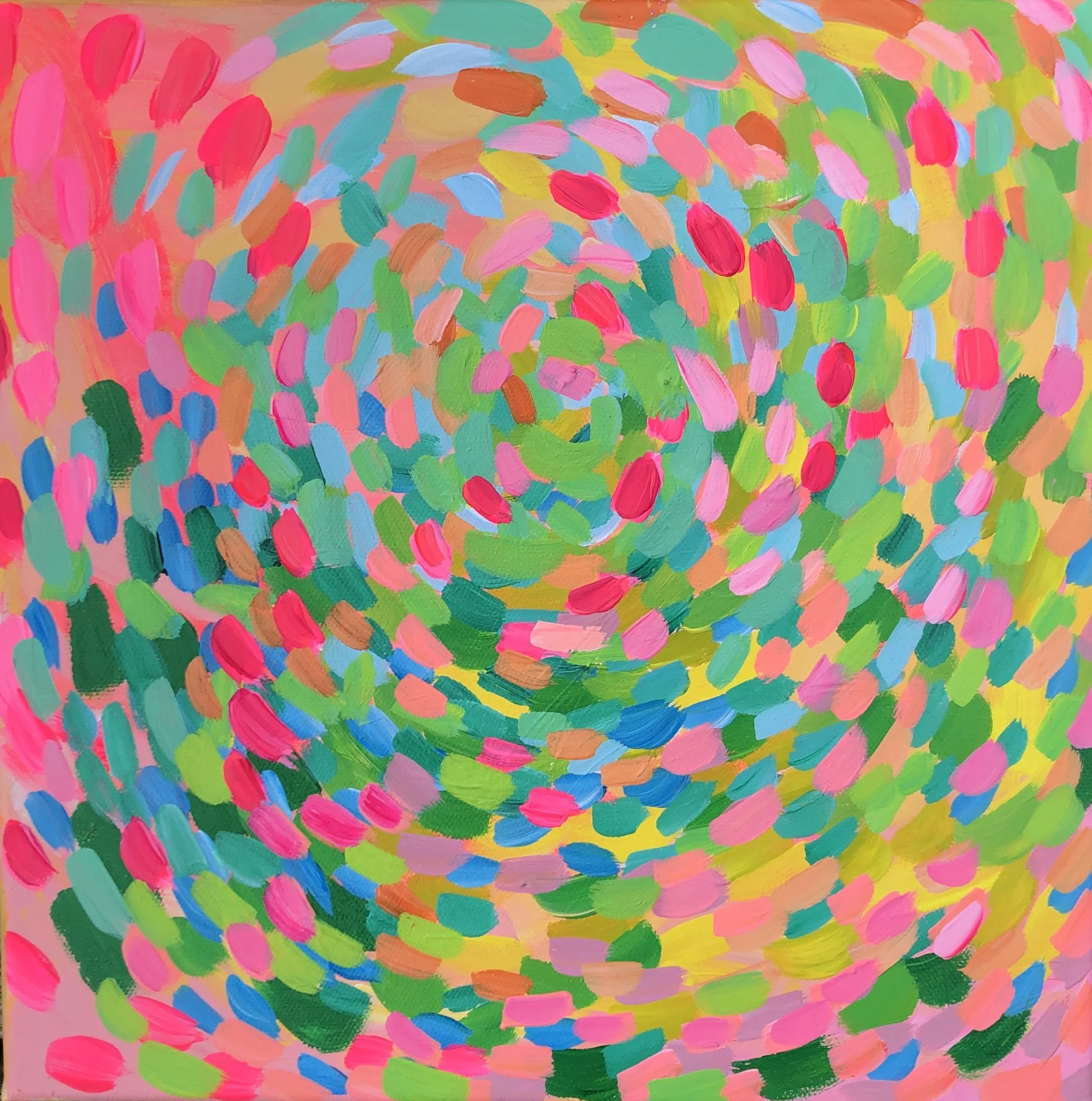 Abstract colorful painting with swirling pattern of pink, green, blue, yellow, and orange brushstrokes.
