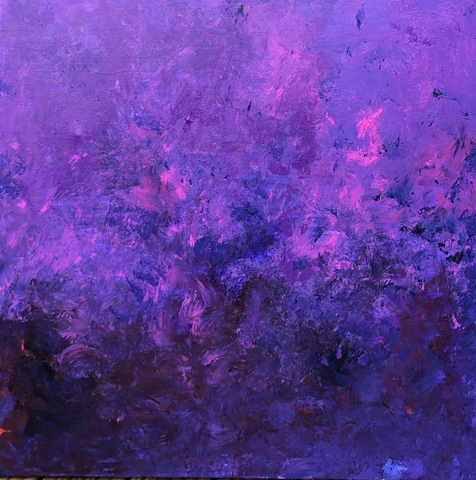 Abstract painting with shades of purple, pink, and blue, textured with visible brushstrokes.