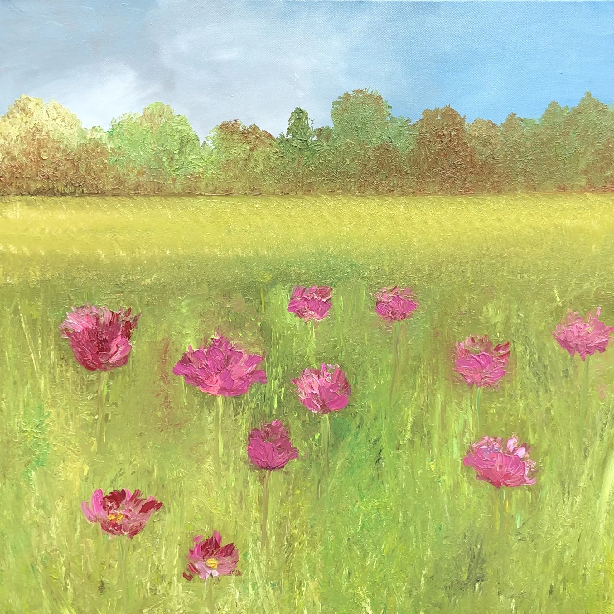A colorful landscape painting of a sunny field with pink flowers in the foreground, yellow grass in the middle ground, and a line of trees with green and brown foliage under a blue sky with some gray clouds.