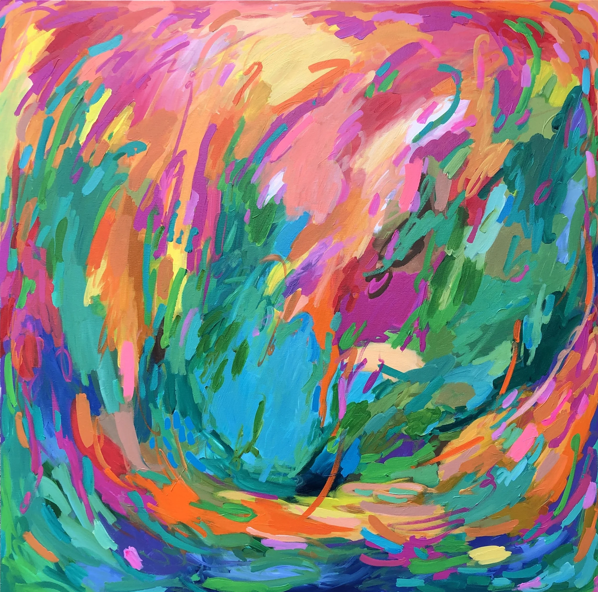 An abstract painting with vibrant swirling colors, including pink, orange, green, blue, and purple.