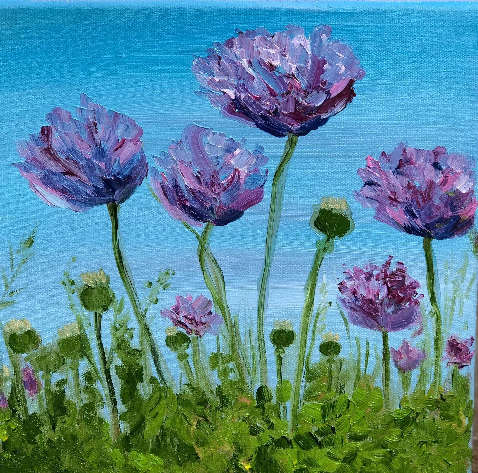 A painting of purple flowers with green stems and leaves against a blue sky background.