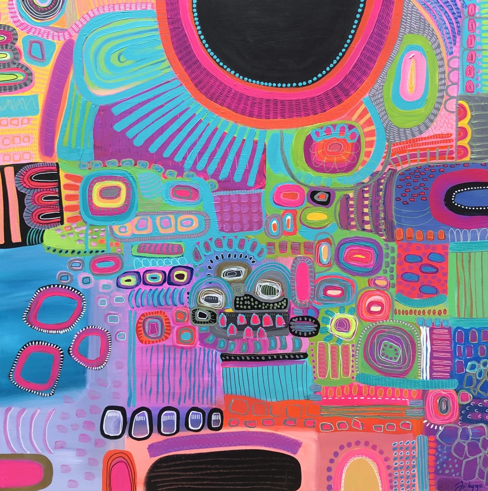 Abstract colorful artwork with geometric shapes, patterns, and lines in bright pink, blue, purple, green, yellow, and black.