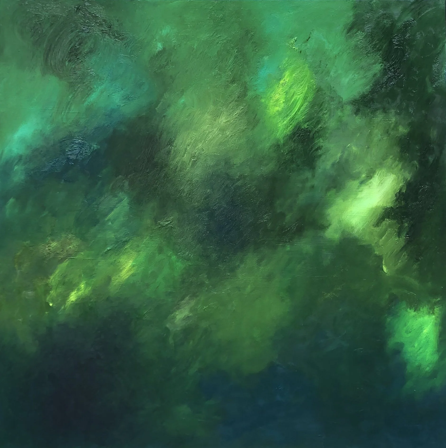 Abstract painting with various shades of green and hints of yellow and blue, featuring textured brushstrokes.