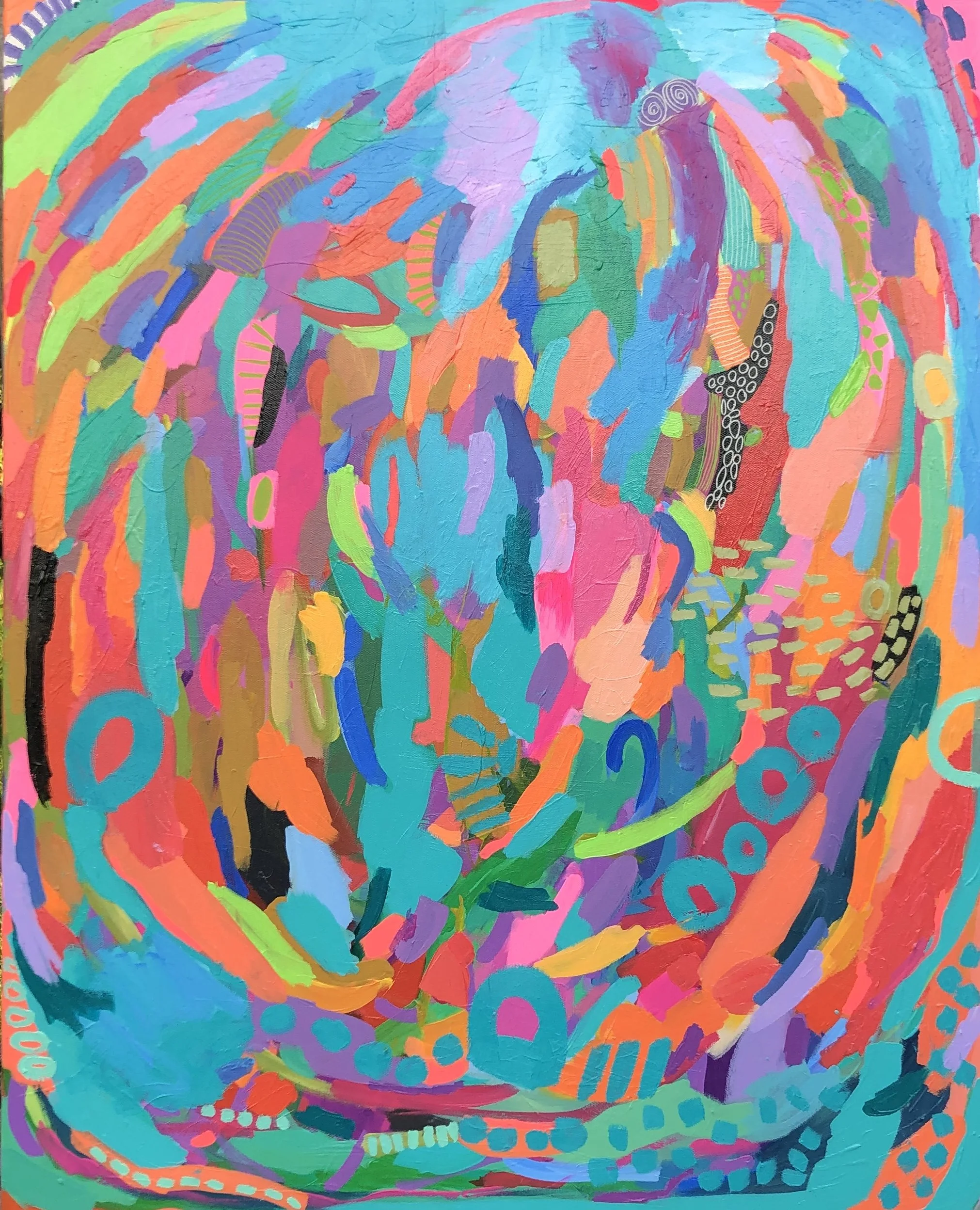 Abstract colorful painting with swirling lines, dots, and shapes in bright hues of blue, pink, orange, green, purple, and yellow.