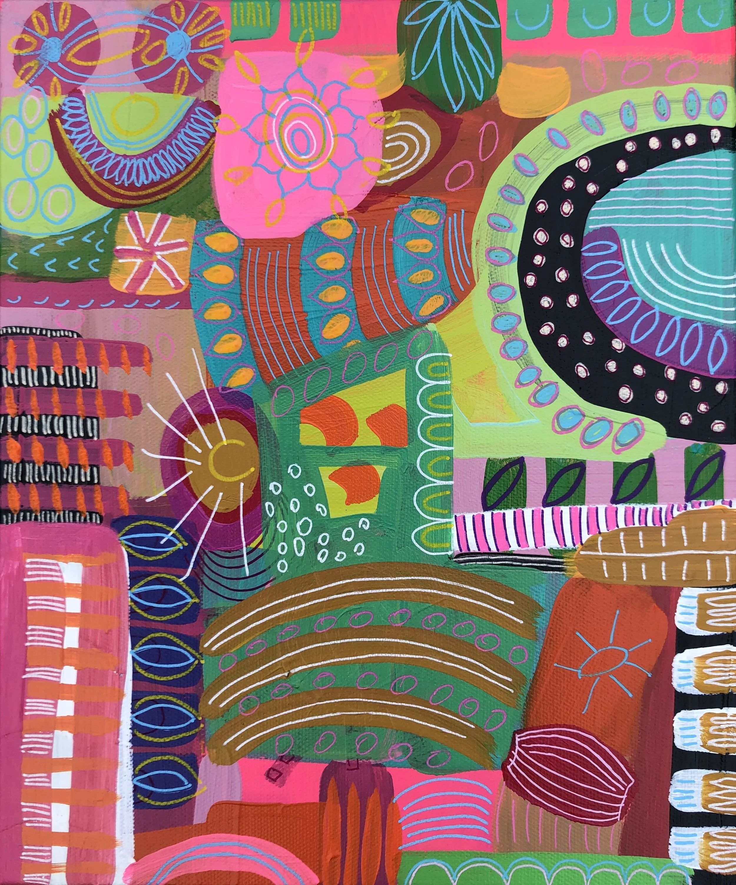 Colorful abstract painting with various geometric and organic shapes, lines, and patterns in bright colors such as pink, green, blue, orange, and black.