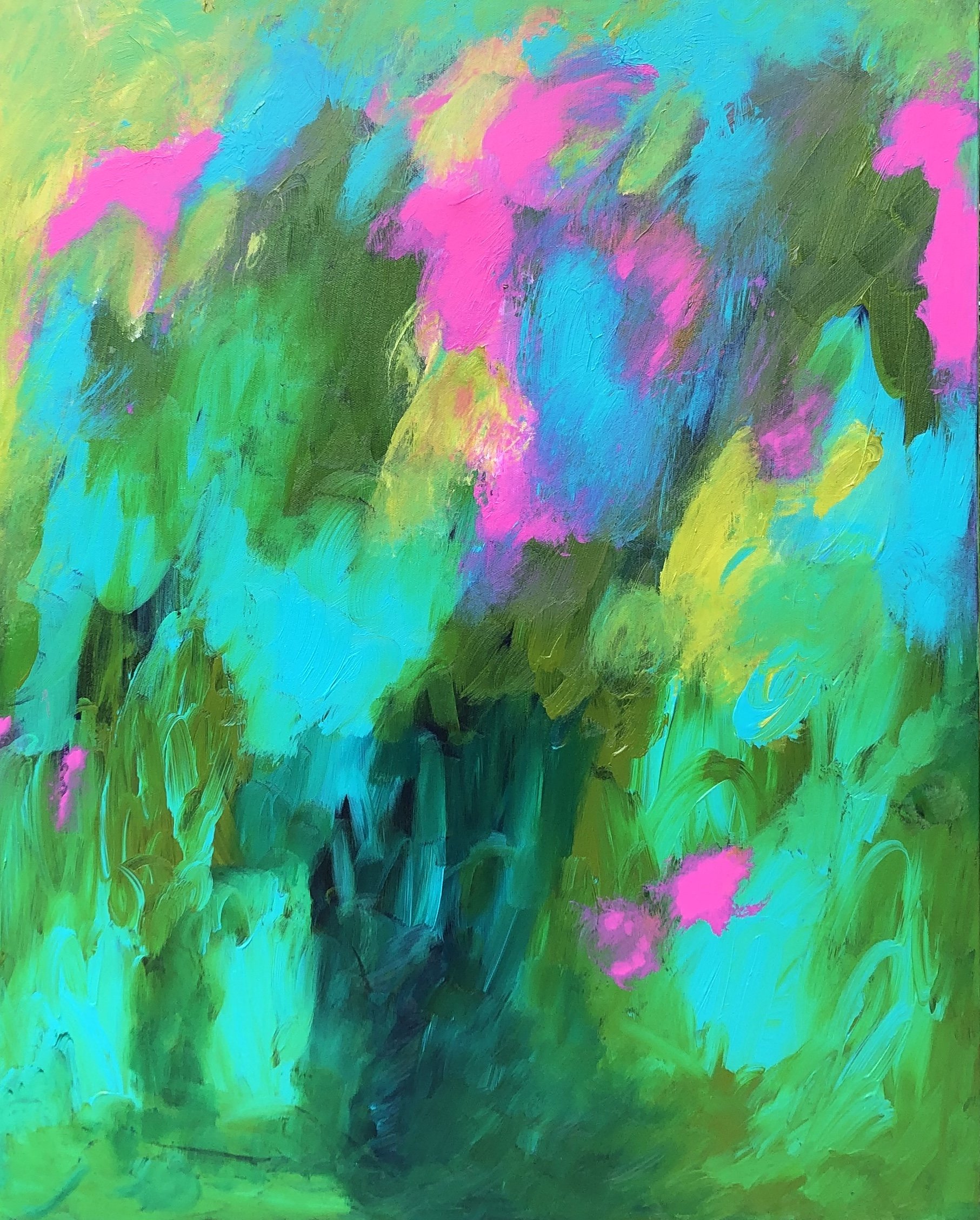 An abstract painting with vibrant colors including pink, blue, green, and yellow, blending together with visible brush strokes.