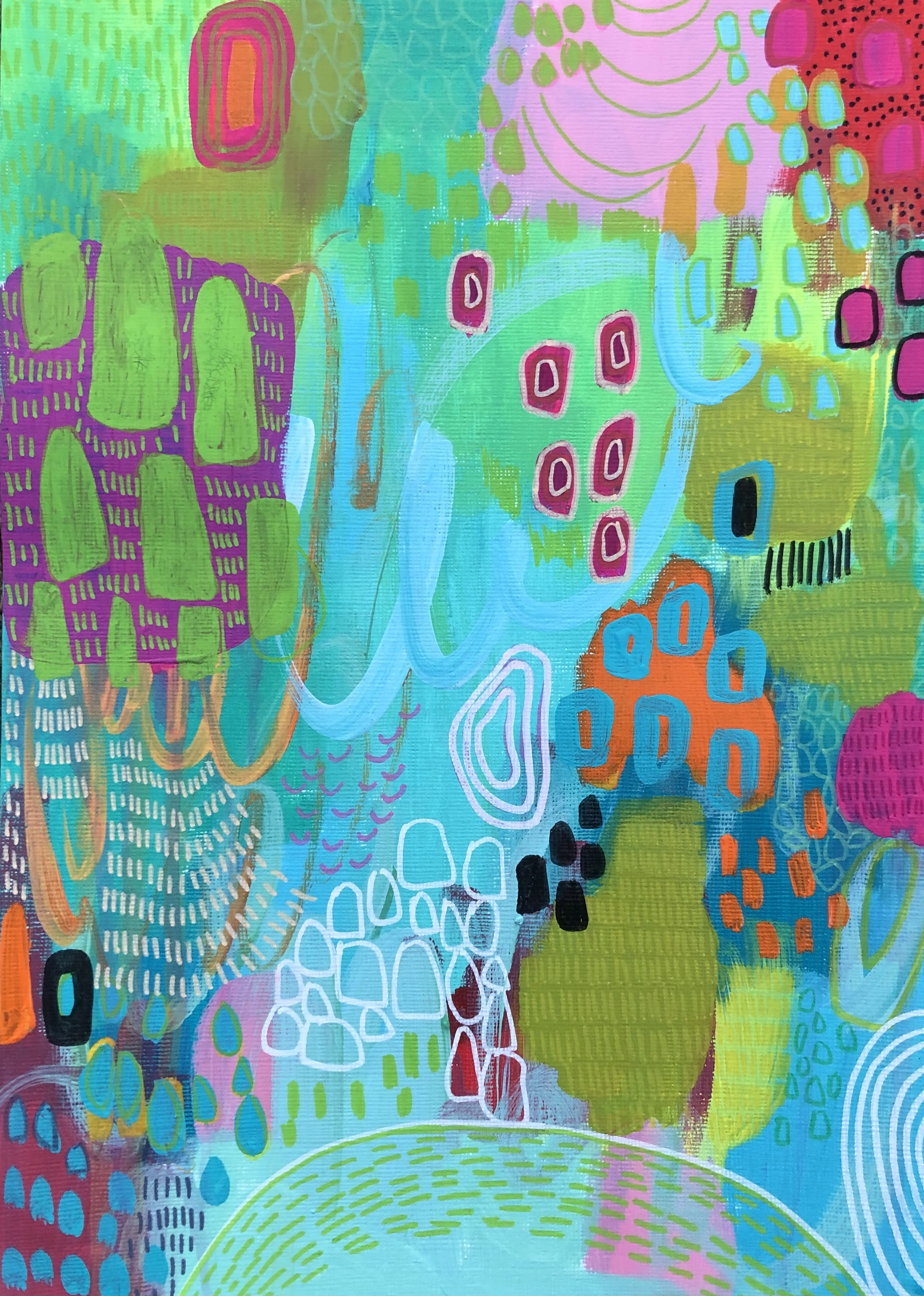 Abstract colorful painting with various shapes, patterns, and vibrant colors including green, pink, blue, orange, and black.