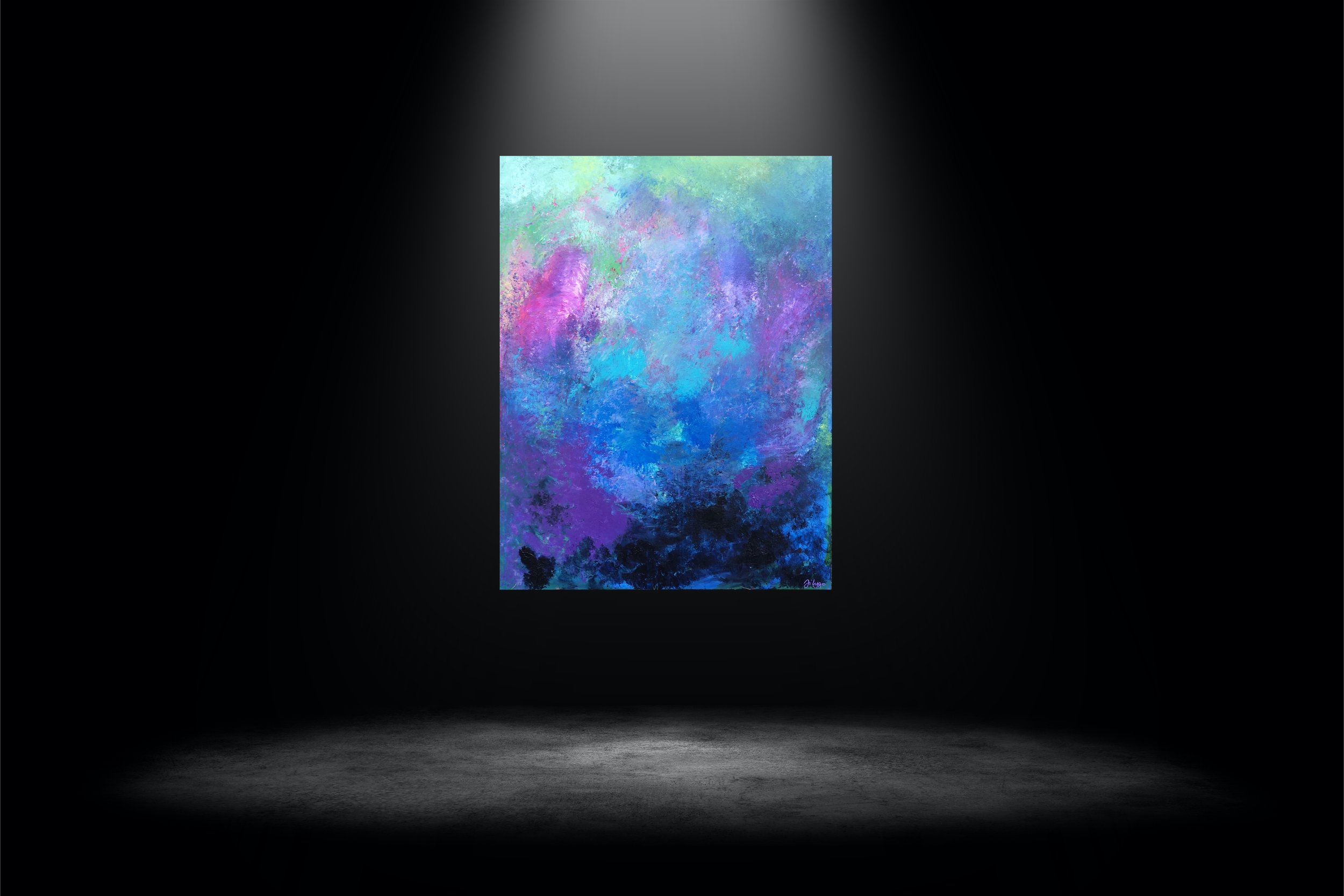A colorful abstract painting displayed in a spotlight on a gallery wall.