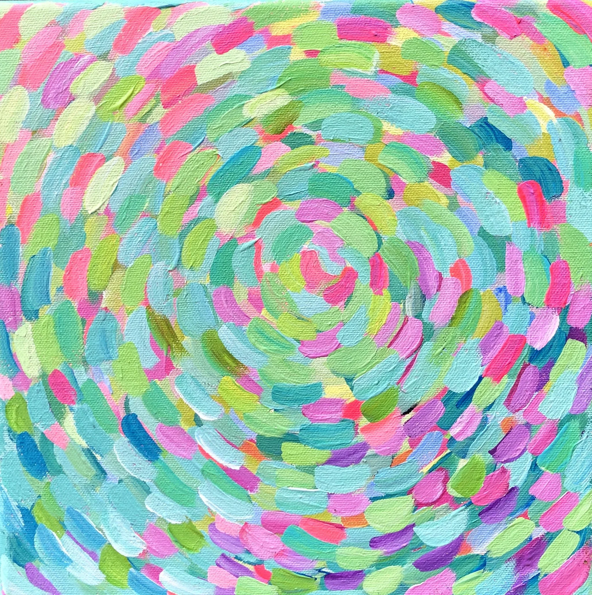 Abstract painting with multicolored brushstrokes arranged in a circular pattern.