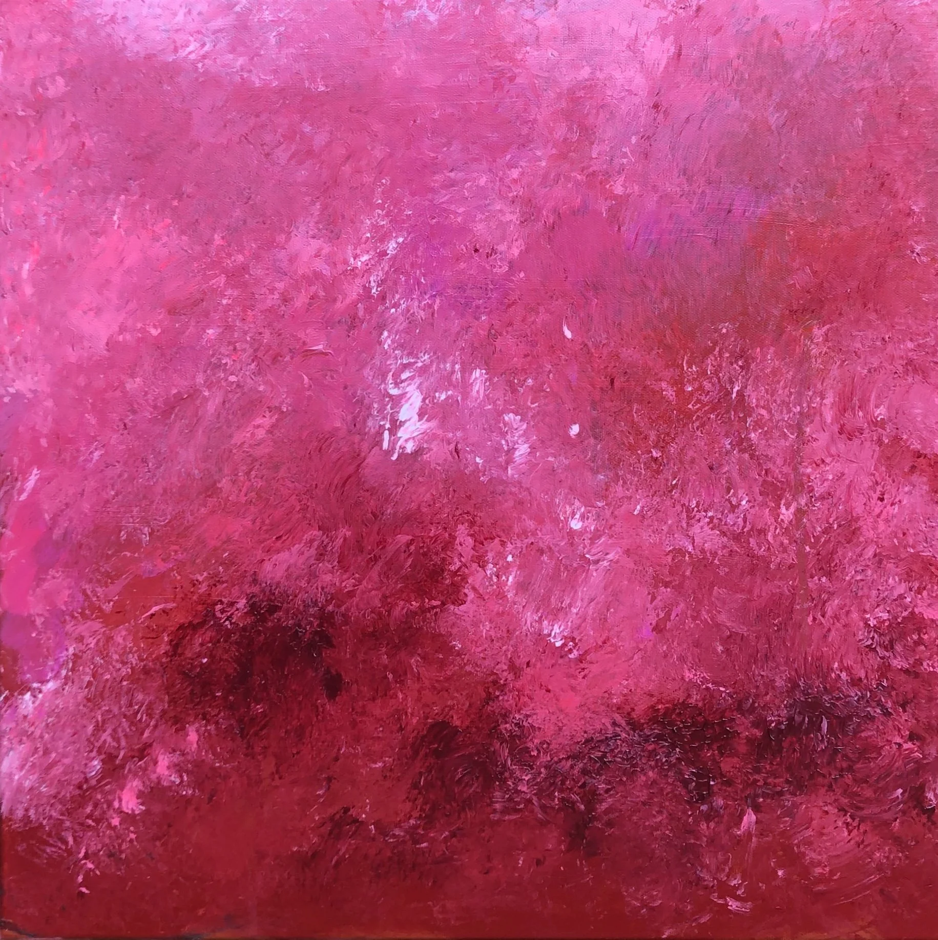Abstract painting with various shades of pink, red, and white, featuring textured brushstrokes.