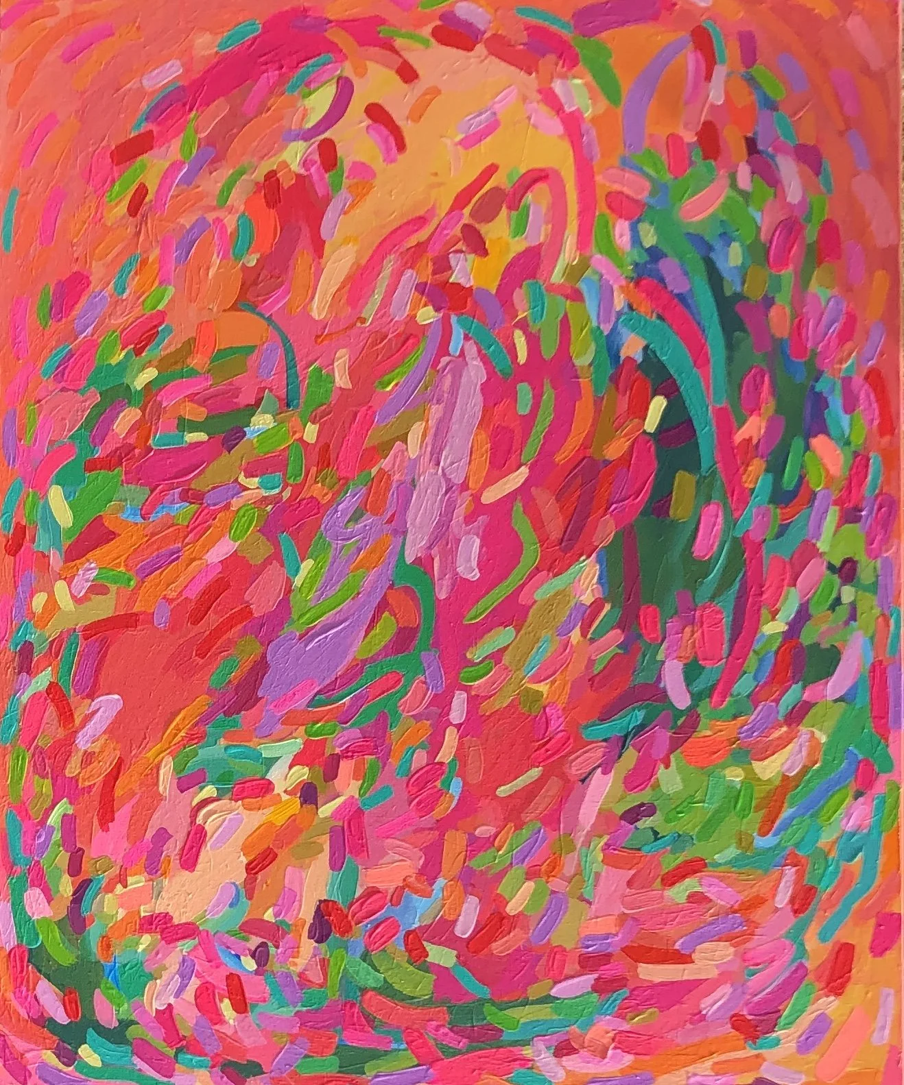 Abstract vibrant painting with swirling brushstrokes in pink, orange, green, purple, yellow, and blue colors.