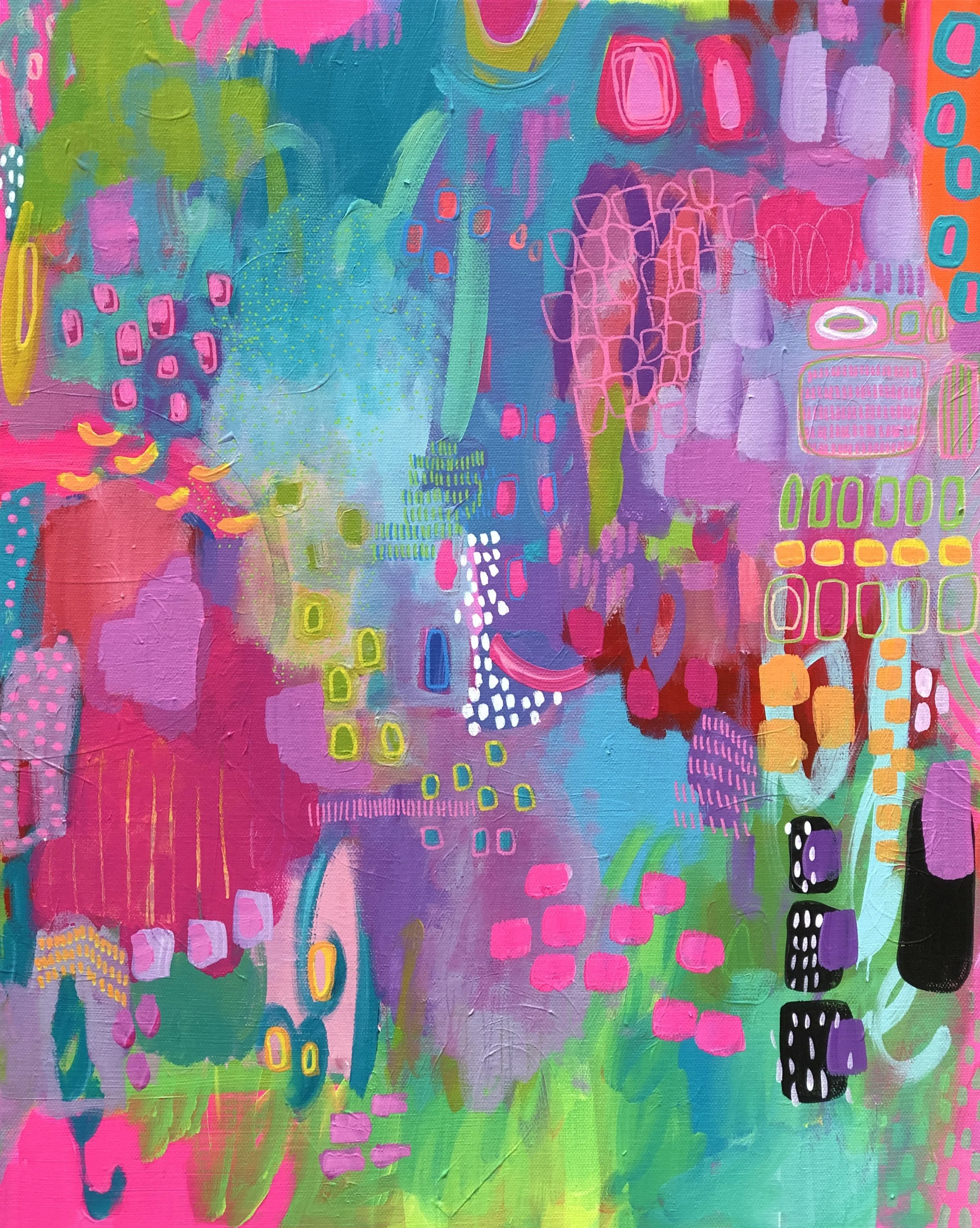 An abstract painting with vibrant colors including pink, blue, green, purple, and orange, featuring various geometric shapes, dots, and brushstrokes.