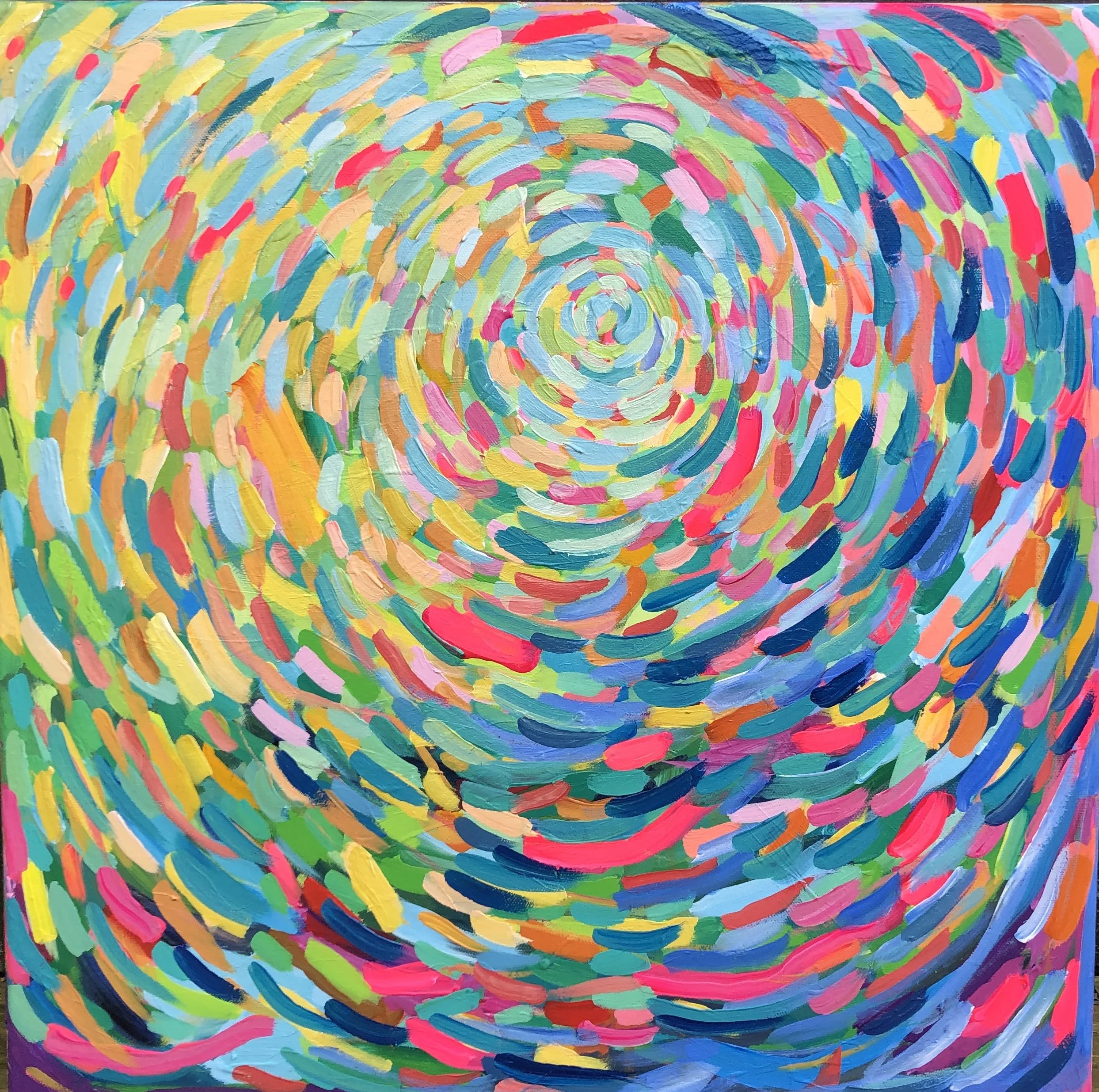Colorful abstract painting with swirling brushstrokes creating a vortex pattern.