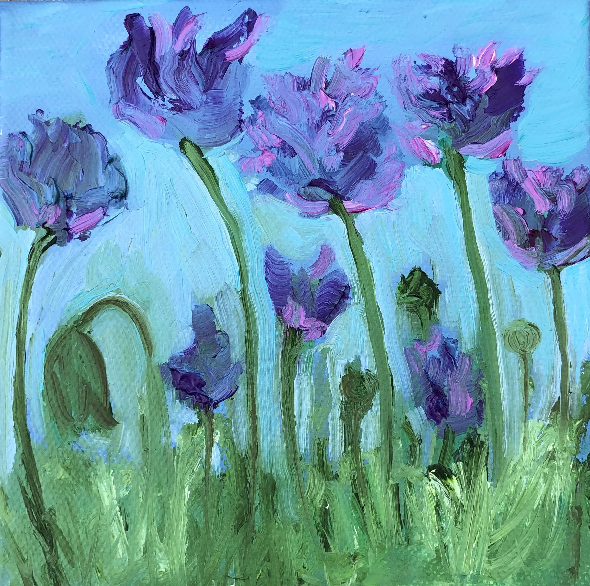 An impressionist-style painting of purple irises with green stems and leaves against a blue sky.