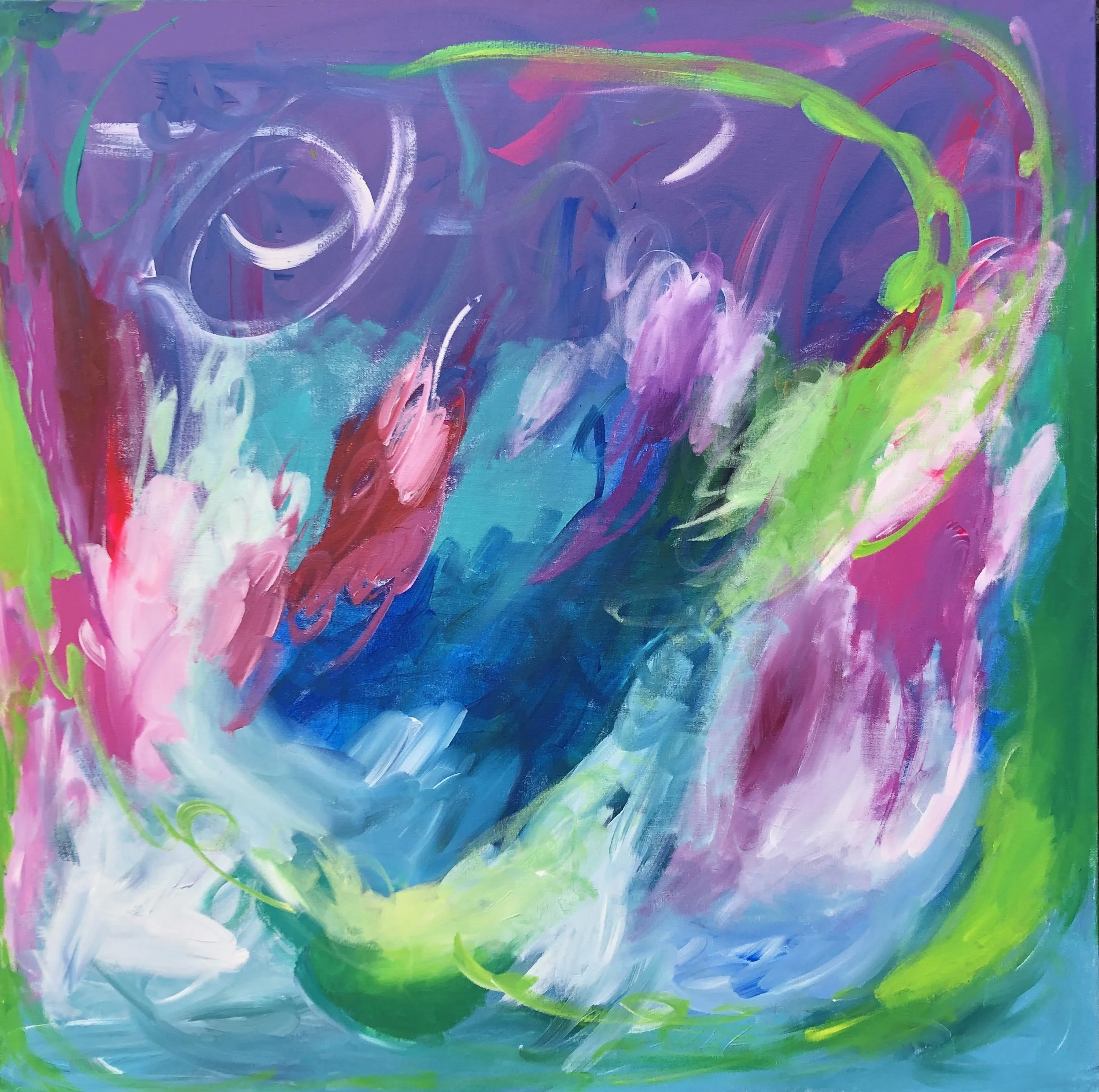 Abstract painting with vibrant swirls of pink, purple, blue, green, and white colors.