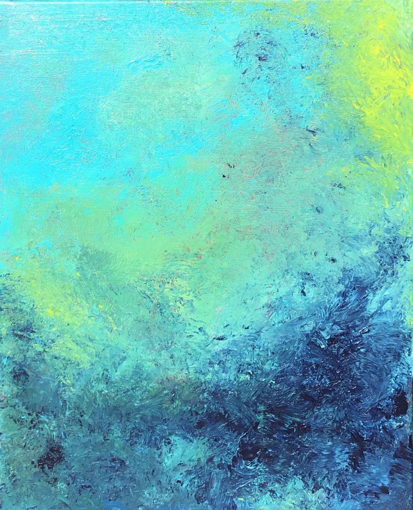 Abstract painting with shades of blue, green, and hints of yellow, featuring textured brushstrokes and color blending.