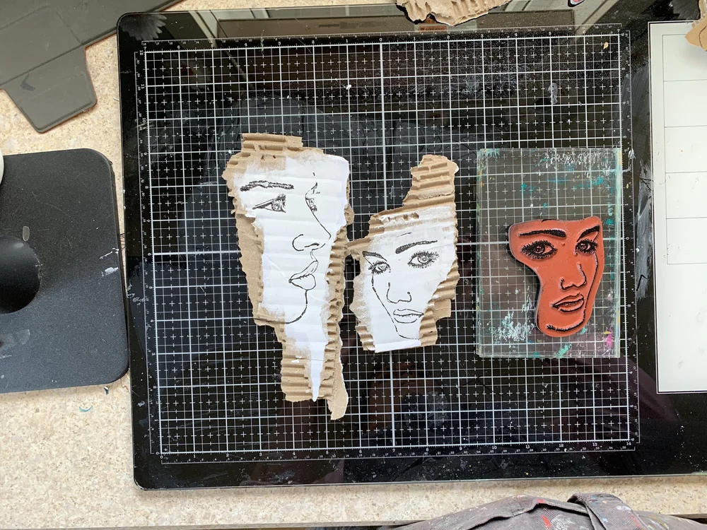 engelbelle.com by Kerry Engel Painted faces on cardboard  stamped image