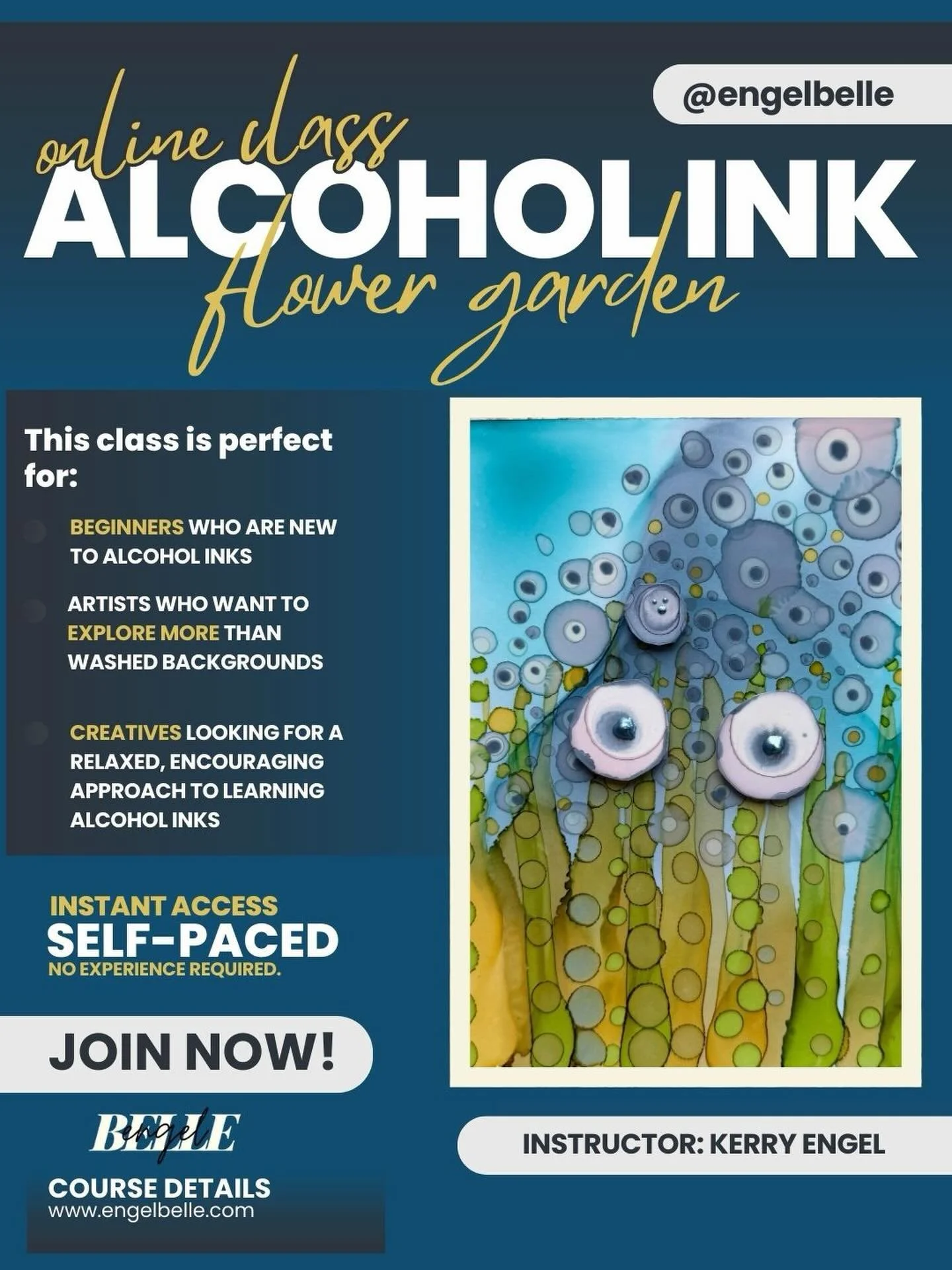 y online class Alcohol Ink: Flower Garden is now live! 🌸

My most popular in-person class is finally available online.

Learn how to paint bold, whimsical florals using alcohol ink&mdash;without the pressure or overwhelm.
This class is perfect for:
