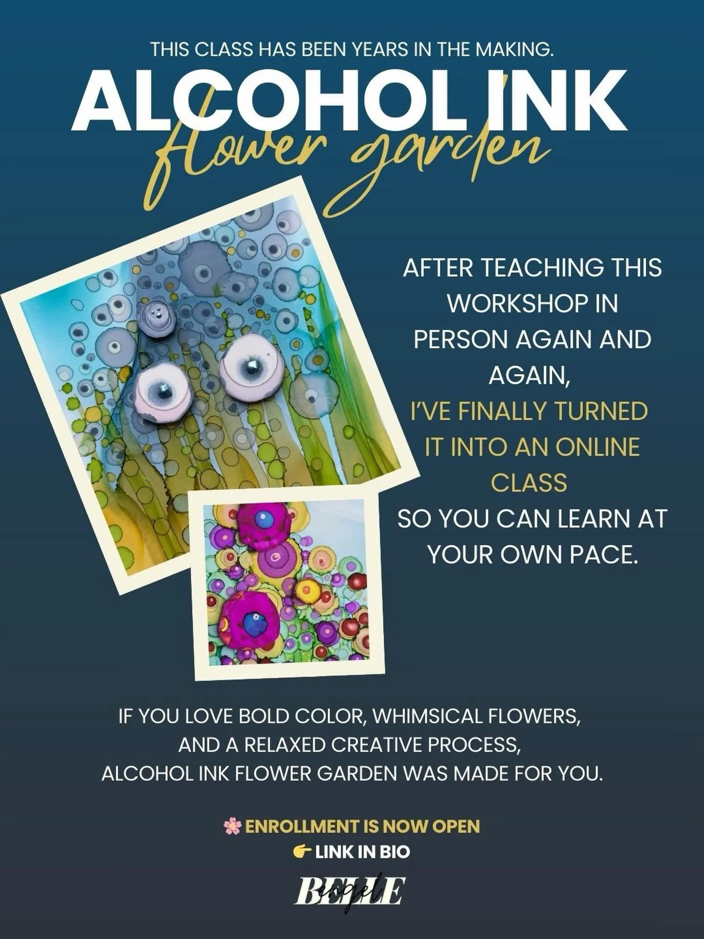 My online class Alcohol Ink: Flower Garden is now live! 🌸

My most popular in-person class is finally available online.

Learn how to paint bold, whimsical florals using alcohol ink&mdash;without the pressure or overwhelm.
This class is perfect for: