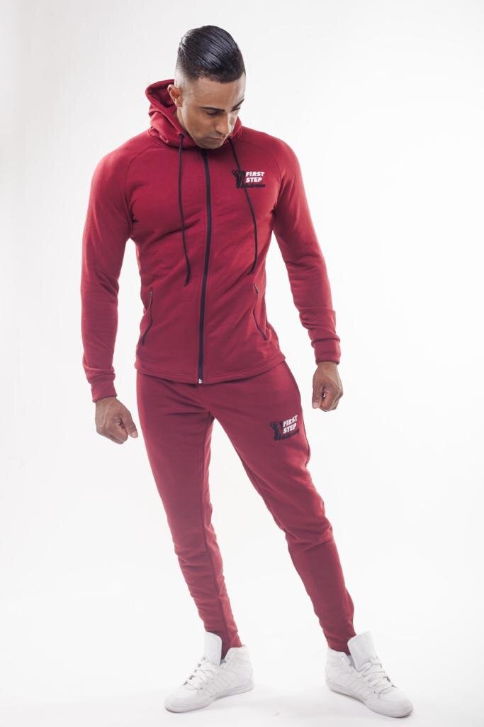 Model wearing Burgundy Male Tracksuit Set with First Step Motivation logo