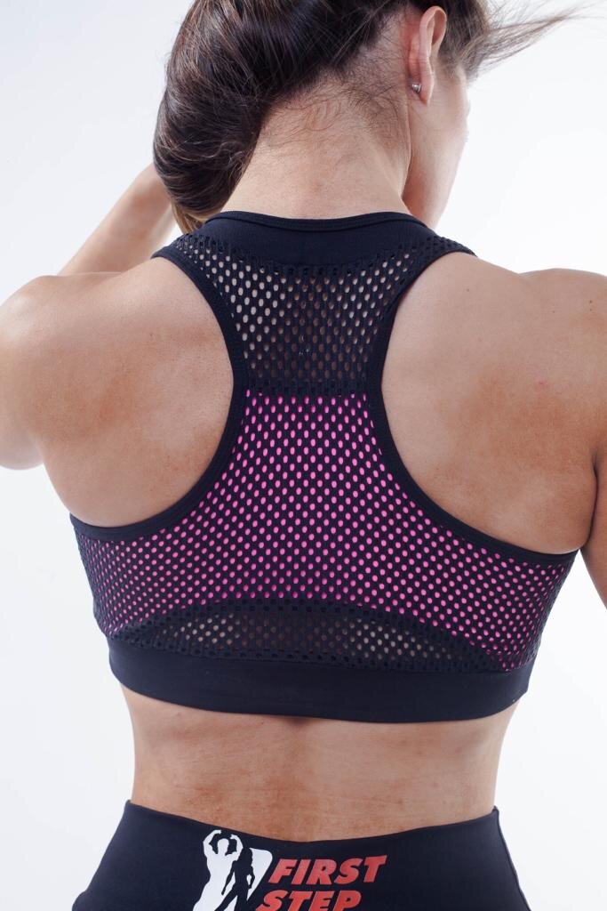 Pink & Black Fish Net Sports Bra back view