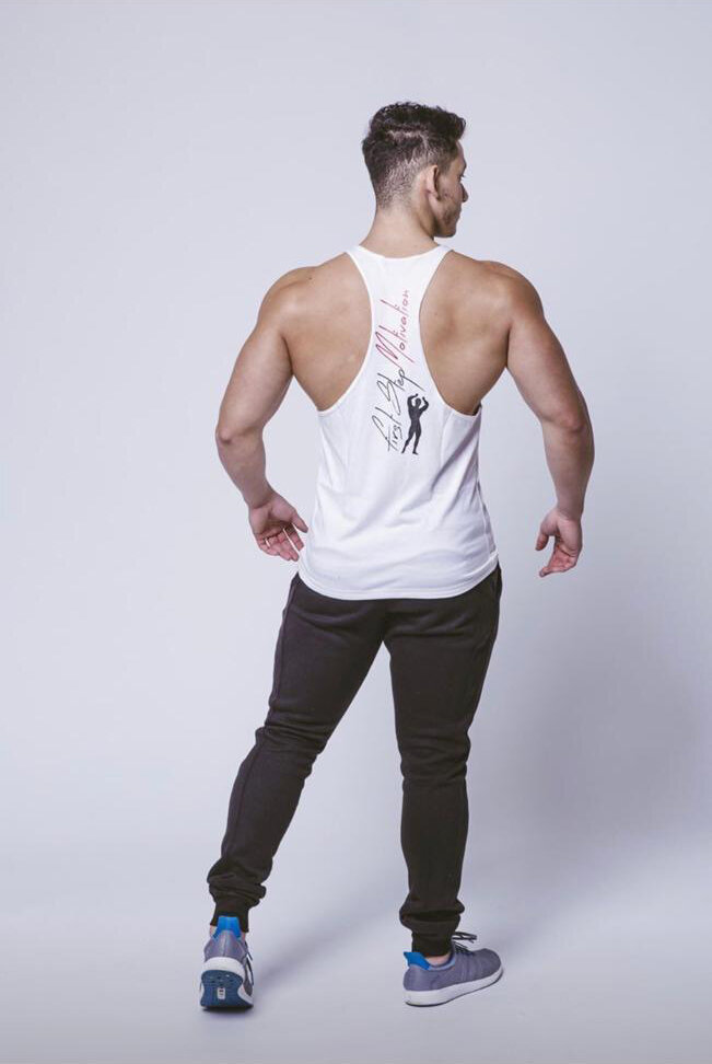 Back view of model wearing White Zane New Logo Vest with First Step Motivation logo