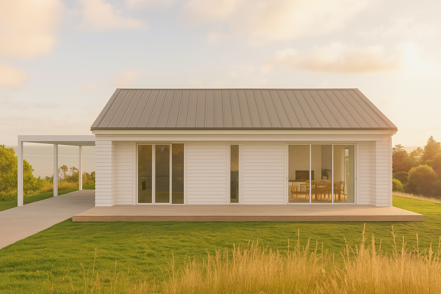 Modern white house with sliding glass doors, a deck, and a metal roof, surrounded by green grass and trees, during sunset.