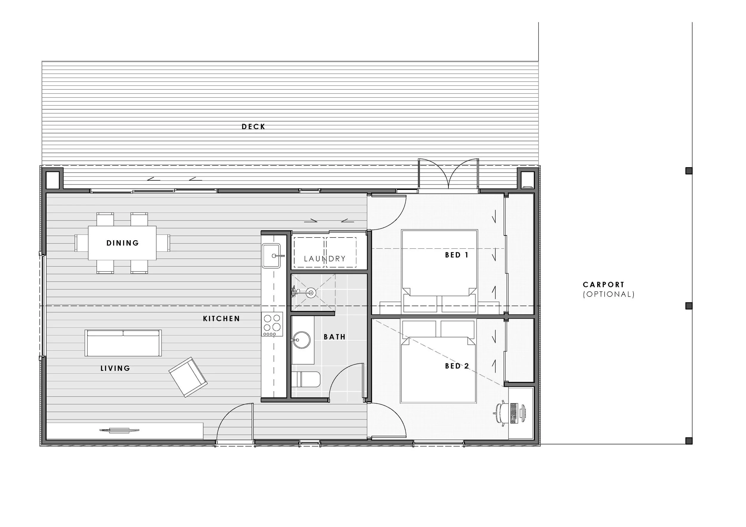 Floor plan of a house showing a deck, living room, kitchen, dining area, laundry, bathroom, two bedrooms, and an optional carport.