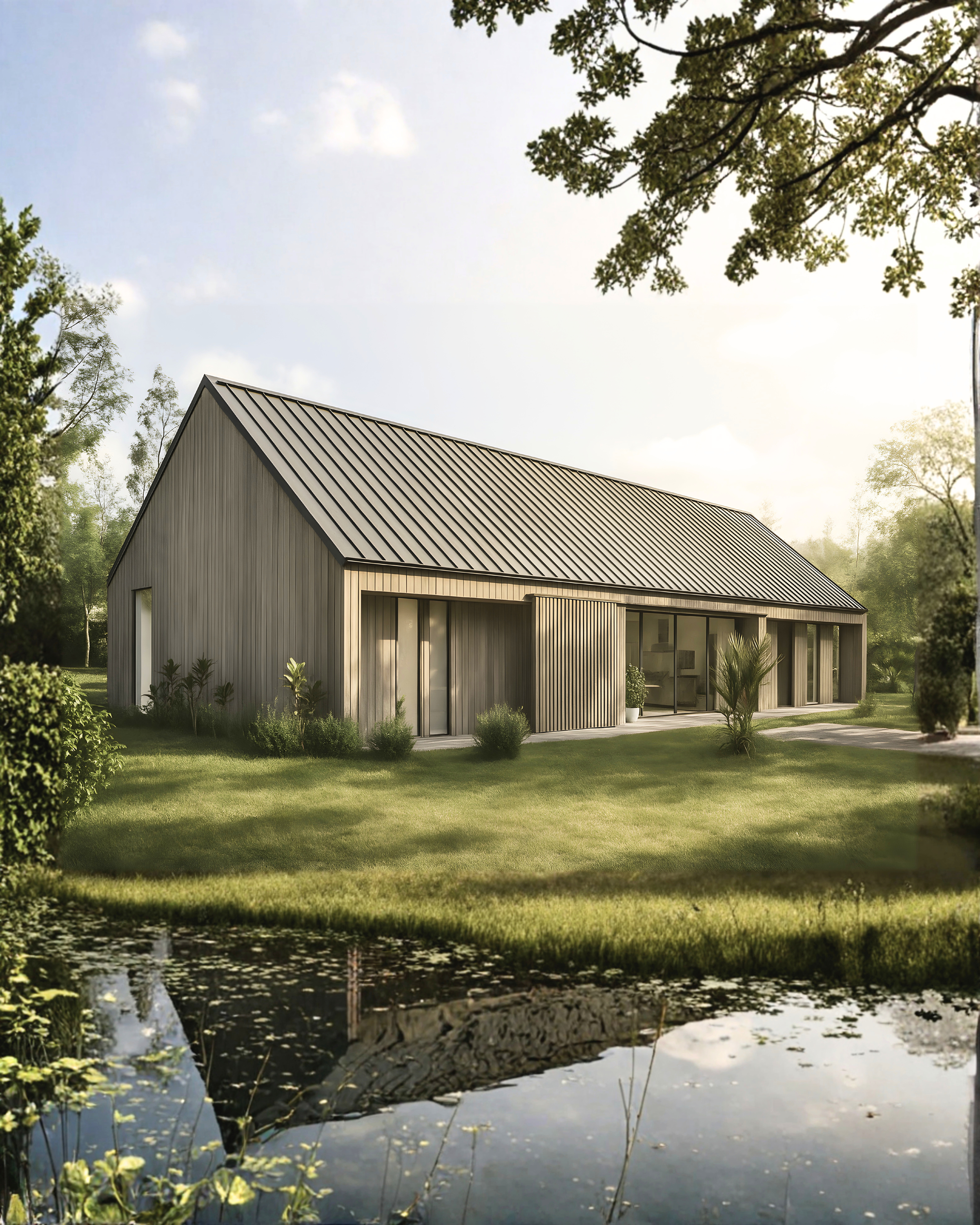 Modern single-story house with a metal roof, large glass windows, wooden deck, swimming pool, and patio furniture, surrounded by lawn and trees.