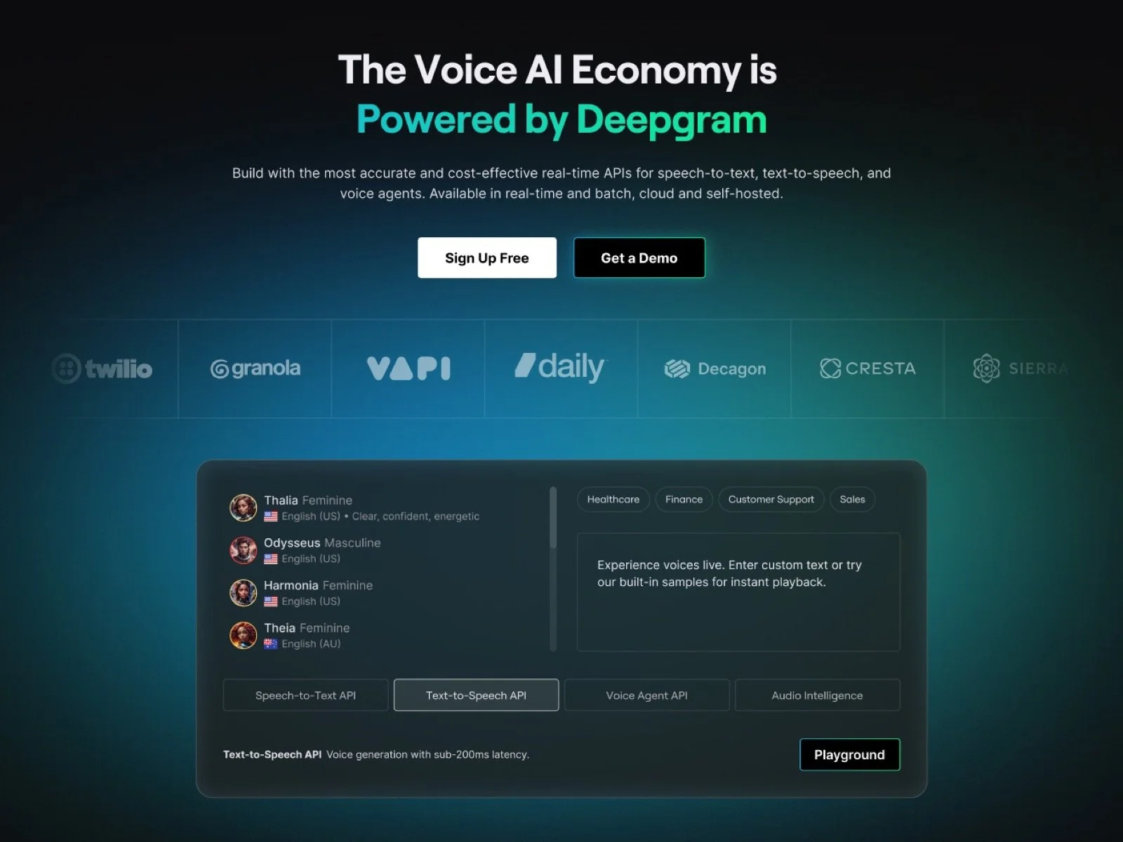 Deepgram homepage: 'The Voice AI Economy is Powered by Deepgram' with the text-to-speech demo player