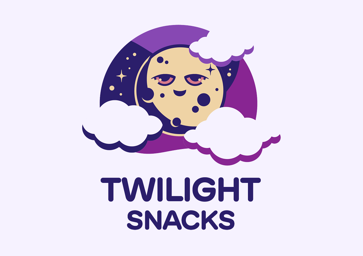 Twilight Snacks logo: the sleepy cookie moon among clouds