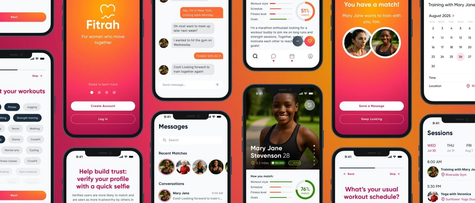 Fitness match-making app screens: profiles, matches and chat