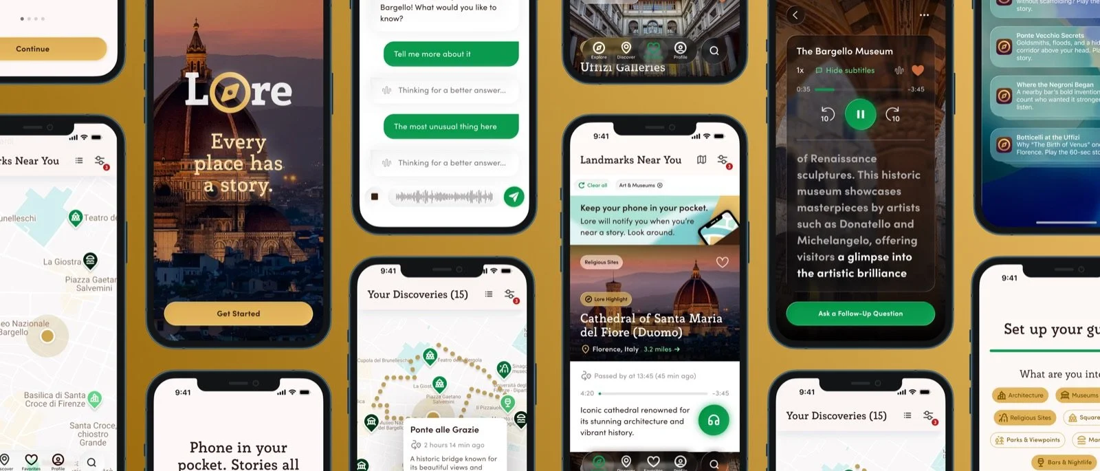 AI tour guide app screens: nearby stories and a story player