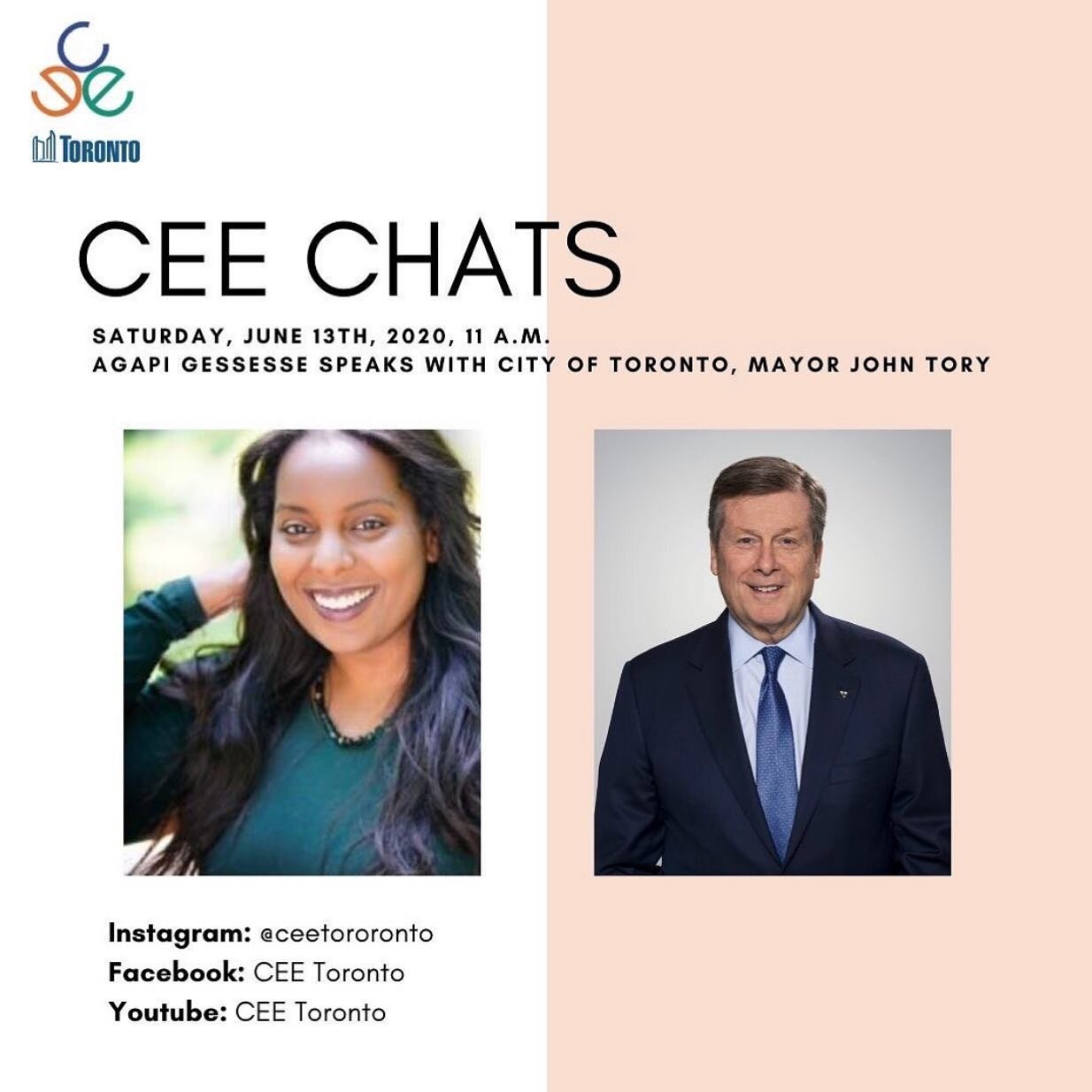 Join us for a conversation with The Mayor of our great city of Toronto John Tory, Saturday at 11am on @ceetoronto live!