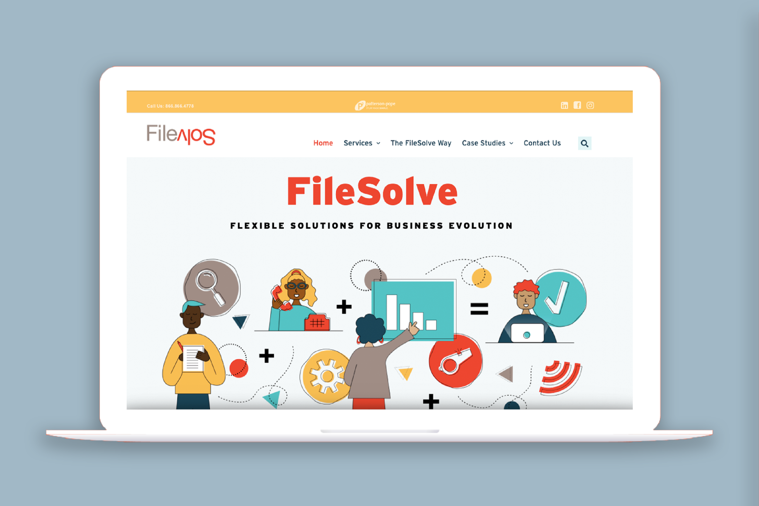 A laptop screen displaying a website for FileSolve, with colorful illustrations of people, charts, gears, and icons representing data, analysis, and teamwork.