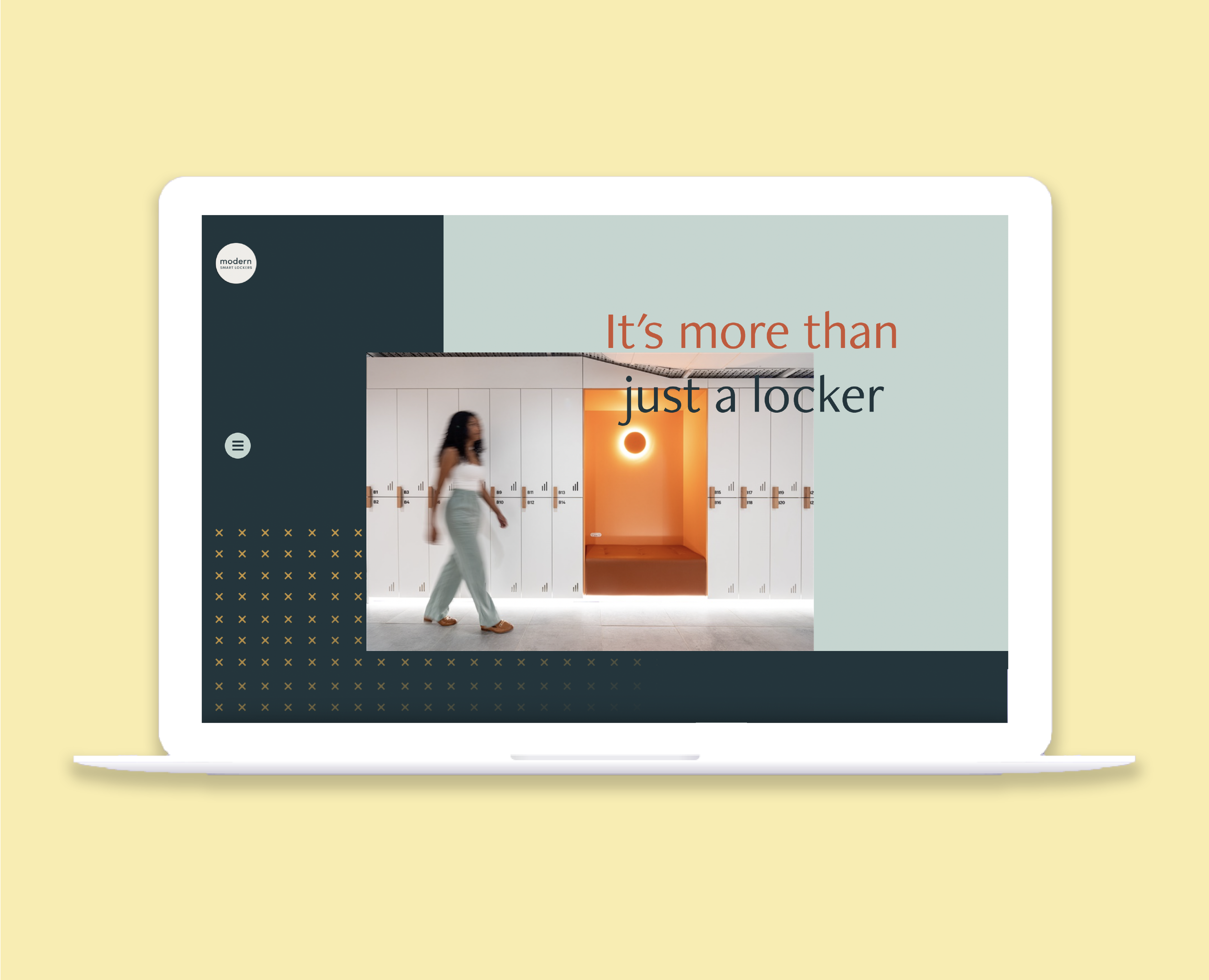 Laptop screen displaying a website about lockers with a woman walking past lockers and a text overlay.