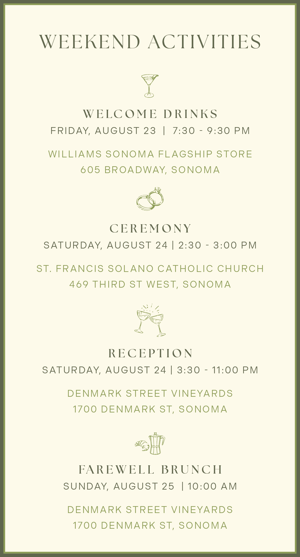 Weekend activities schedule including welcome drinks, ceremony, reception, and farewell brunch in Sonoma, listing dates, times, and locations with small icons of cocktails and grapes.