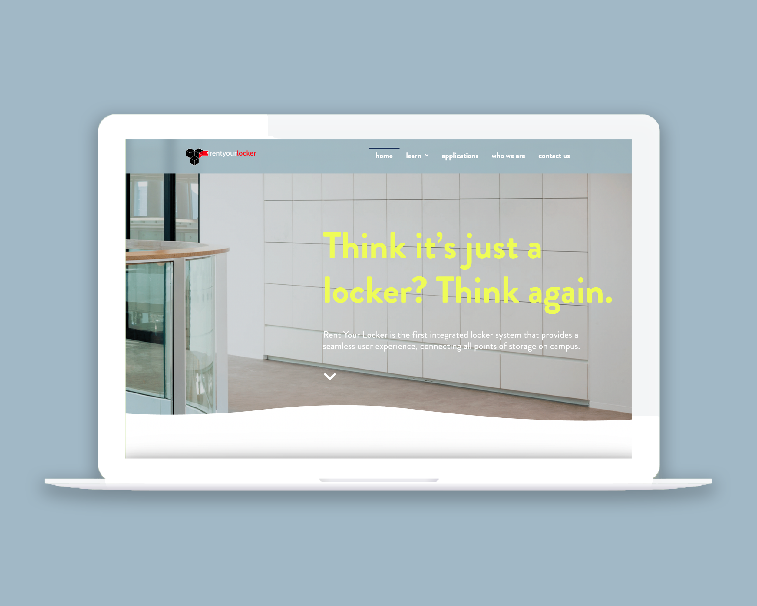 Screenshot of a website on a laptop, featuring a modern interior with storage lockers and the text 'Think it's just a locker? Think again.' in large yellow font.