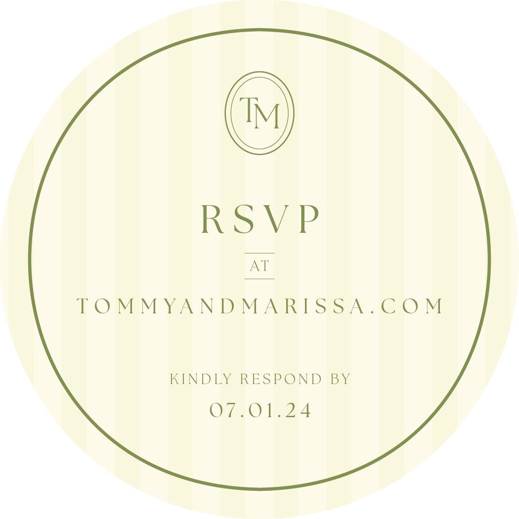 A circular wedding RSVP card with a light green and cream striped background. The card features a monogram at the top with the initials "TM" inside an oval. The text instructs guests to respond by July 1, 2024, and directs them to RSVP at tommyandmar