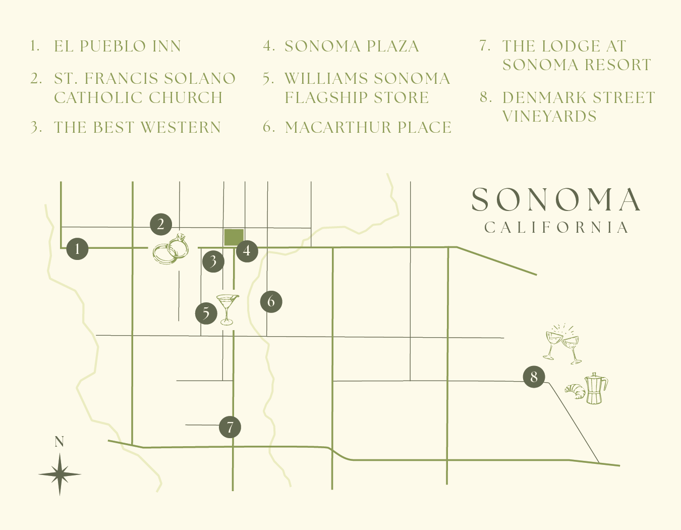 Map of Sonoma, California with numbered locations and icons, including inns, churches, wineries, and a flagship store.