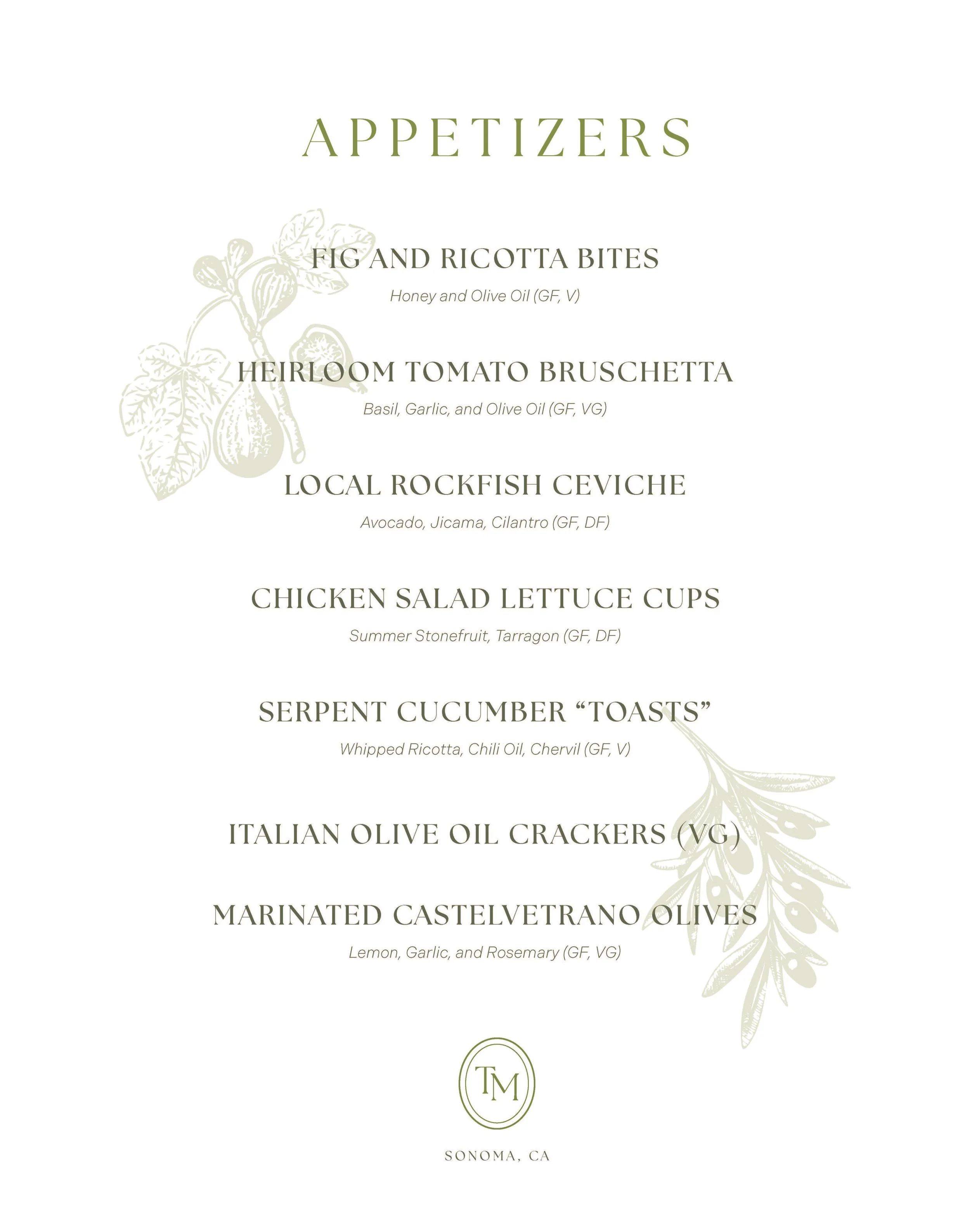 Menu of appetizers including fig and ricotta bites, heirloom tomato bruschetta, local rockfish ceviche, chicken salad lettuce cups, serpent cucumber toasts, Italian olive oil crackers, and marinated Castelvetrano olives.