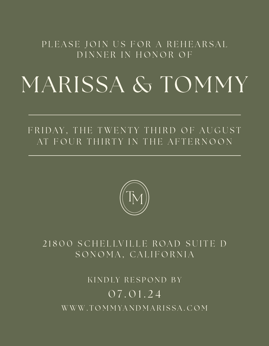 Invitation to a rehearsal dinner honoring Marissa and Tommy, scheduled for August 23rd at 4:30 PM, located at 21800 Schellville Road Suite D, Sonoma, California, with RSVP details and website.
