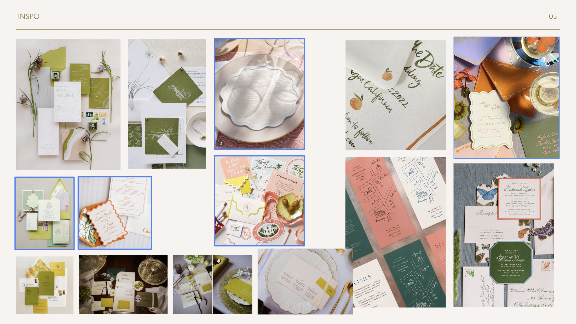 Collage of various wedding invitations and stationery, with elegant designs in pastel colors, featuring floral and nature motifs, some with handwritten or calligraphy fonts, and decorative elements like ribbons, flowers, and artwork.